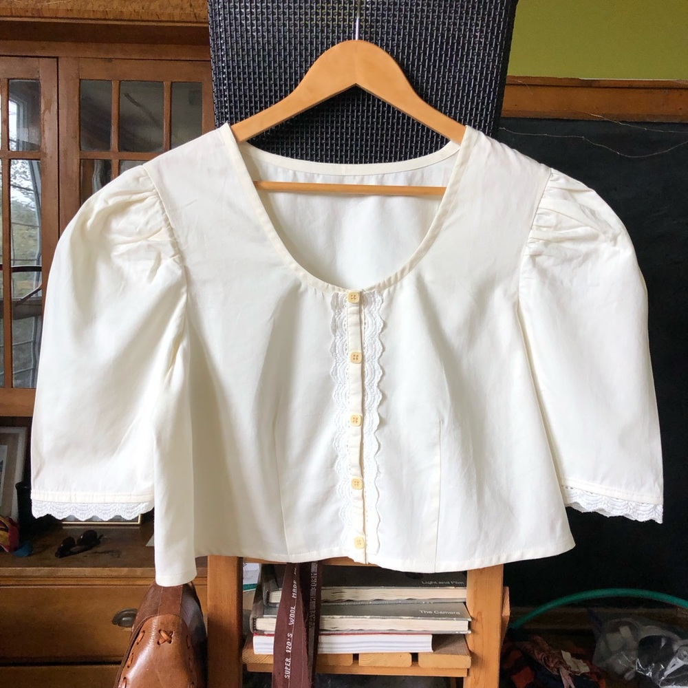 Handmade Puff-Sleeve Cotton and Lace Blouse